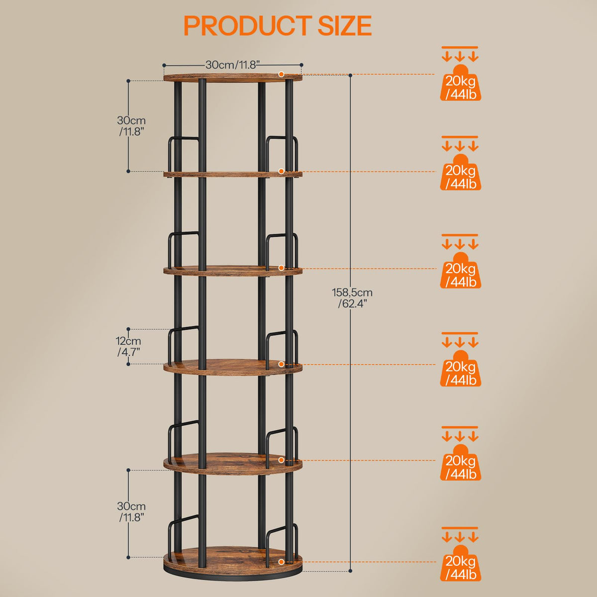 5-Tier Rotating Bookshelf, 360° Spinning Bookcase, Rustic Brown I631236