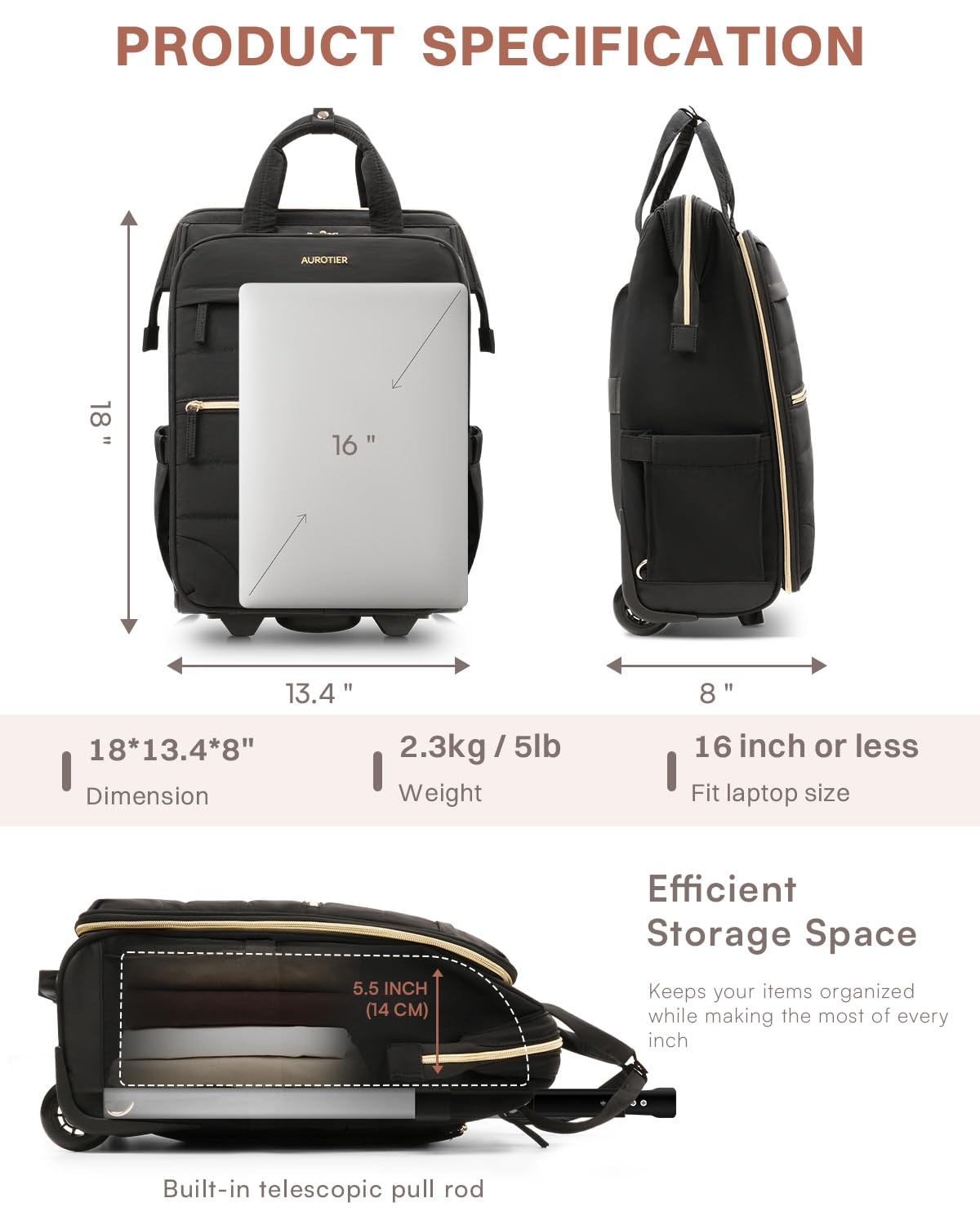 Rolling Puffer Laptop Bag Set with Wheels, 16 Inch Underseat Carry on Luggage X45725