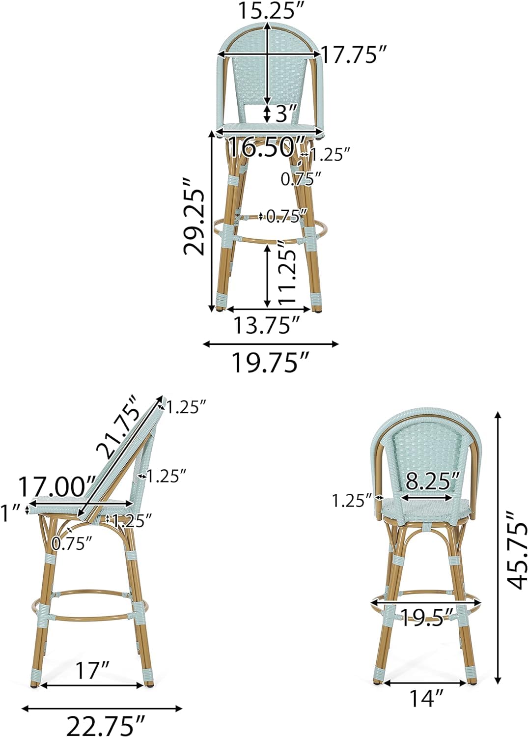 29.5" PE Rattan Aluminum Bar Stools, Set of 2, Light Teal N38508