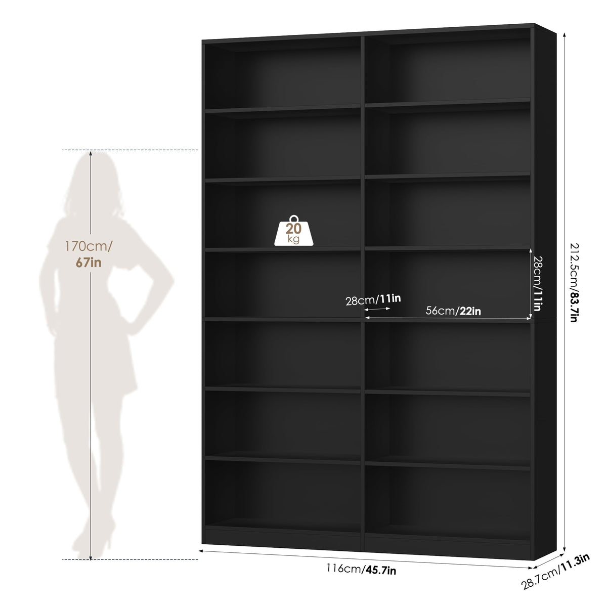 83.7" Tall 7-Tier Double Black Bookshelf and Bookcase L2074