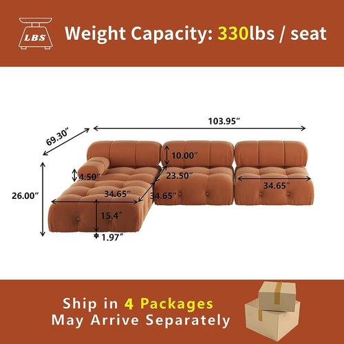 104" L-Shaped Velvet Sectional Sofa with Reversible Chaise Ottoman A976