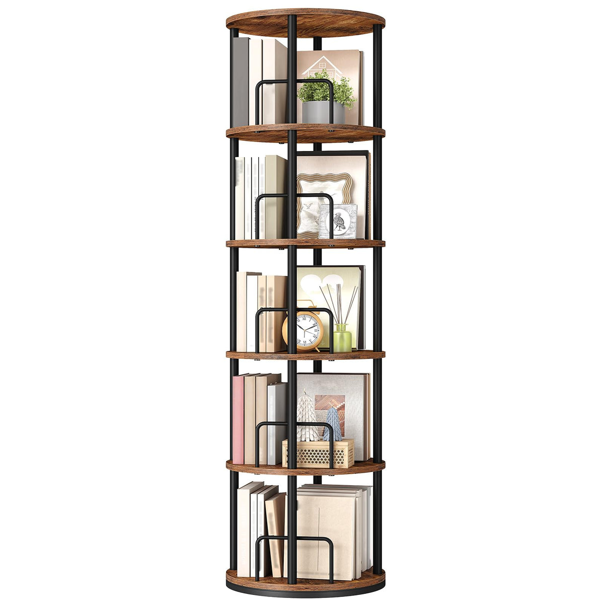 5-Tier Rotating Bookshelf, 360° Spinning Bookcase, Rustic Brown I631236