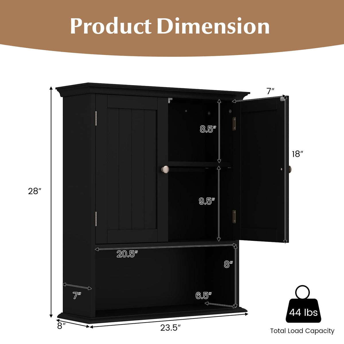 Black Wooden Bathroom Wall Cabinet with 2 Doors Z9704