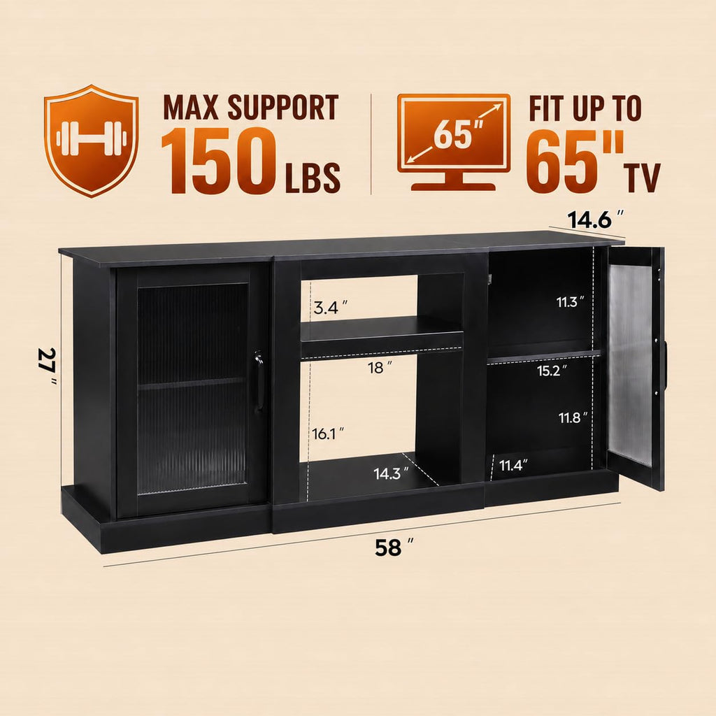 Black 58" TV Stand with Storage Cabinets and Adjustable Shelves H2267