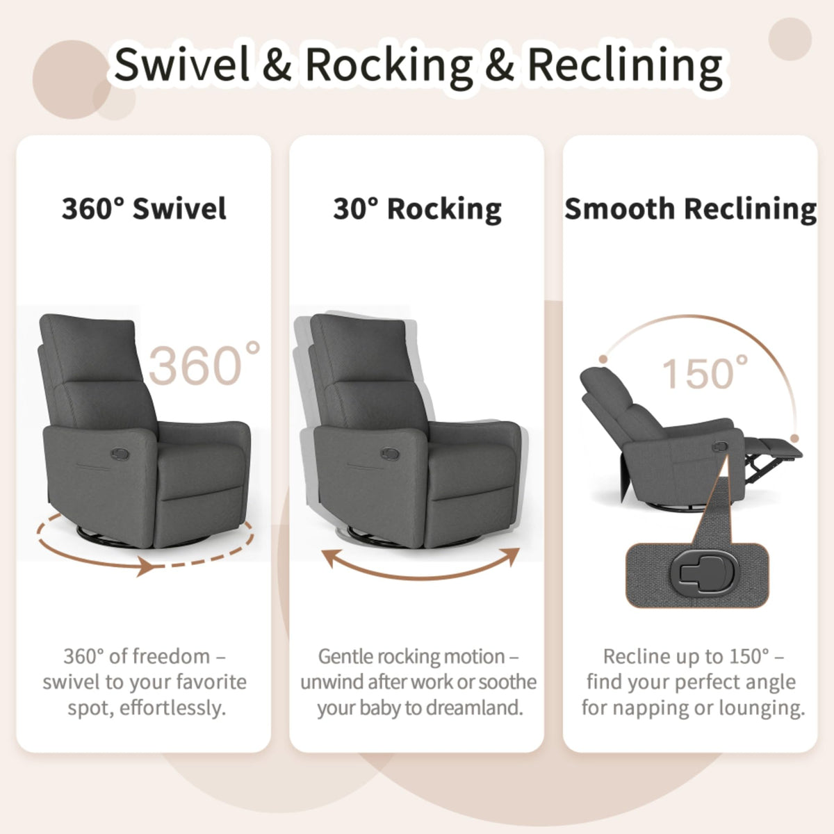 Swivel Rocker Recliner Chair with Pull Lever and Side Pocket C471649
