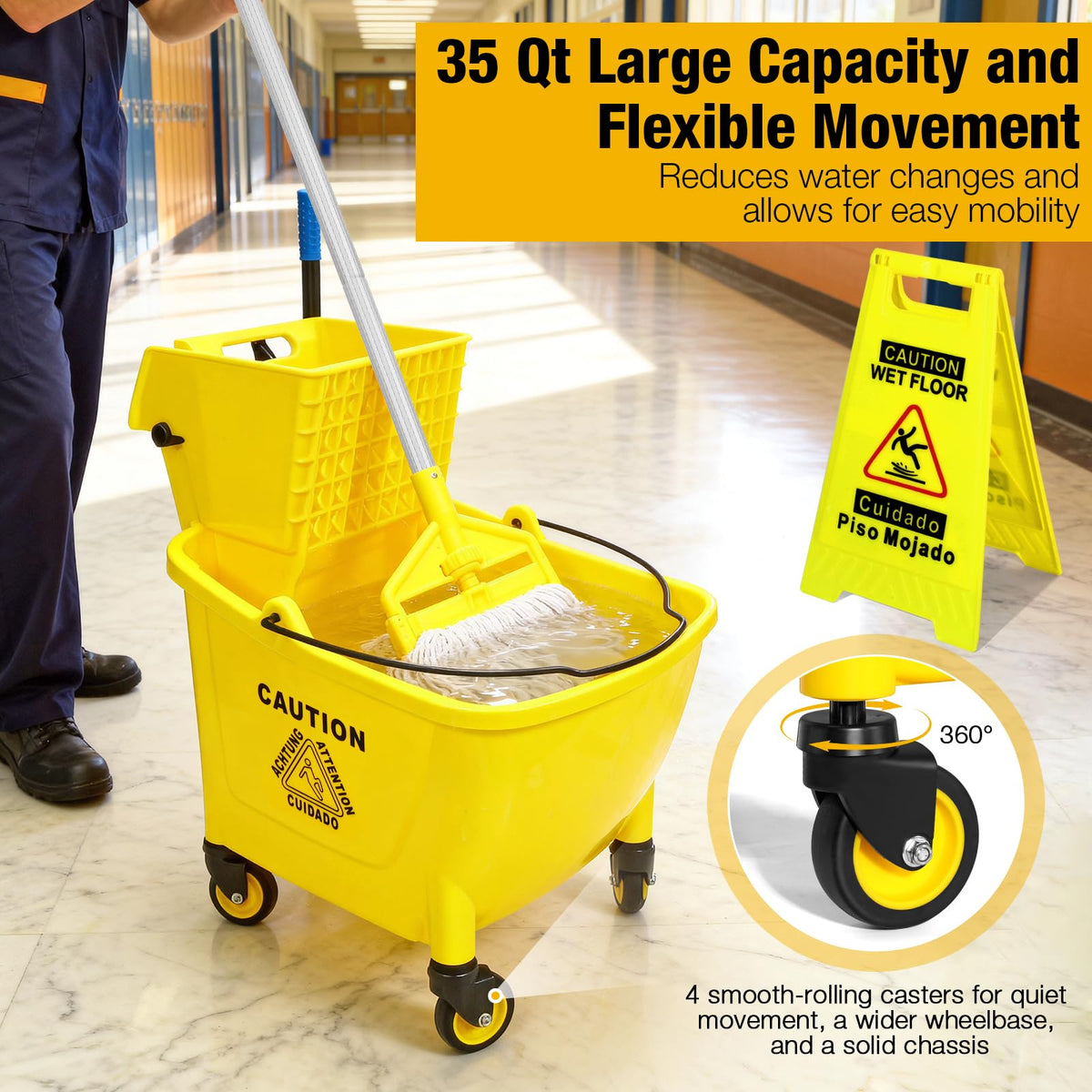 Yellow 35Qt Mop Bucket with Side Press Wringer on Wheels I98553