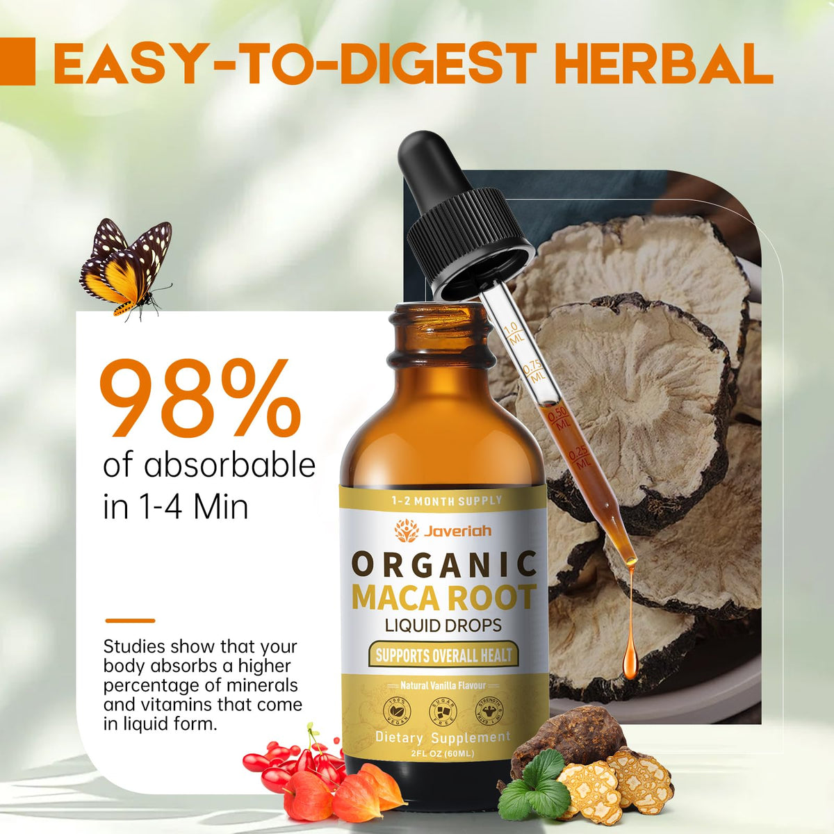 Organic Maca Root Liquid Drops with Ashwagandha 2 Fl Oz F809128