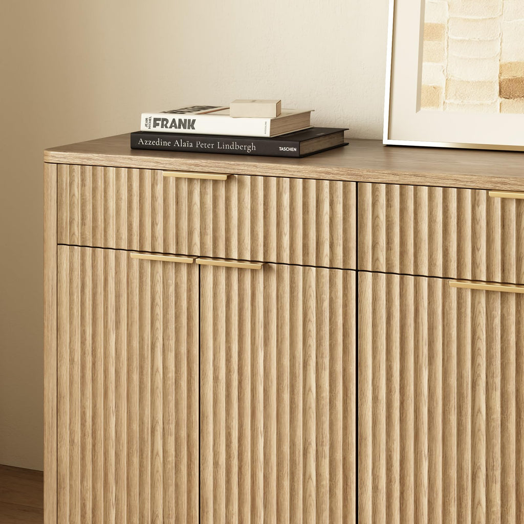 67" Fluted Oak Sideboard Buffet Cabinet with 3 Drawers B515