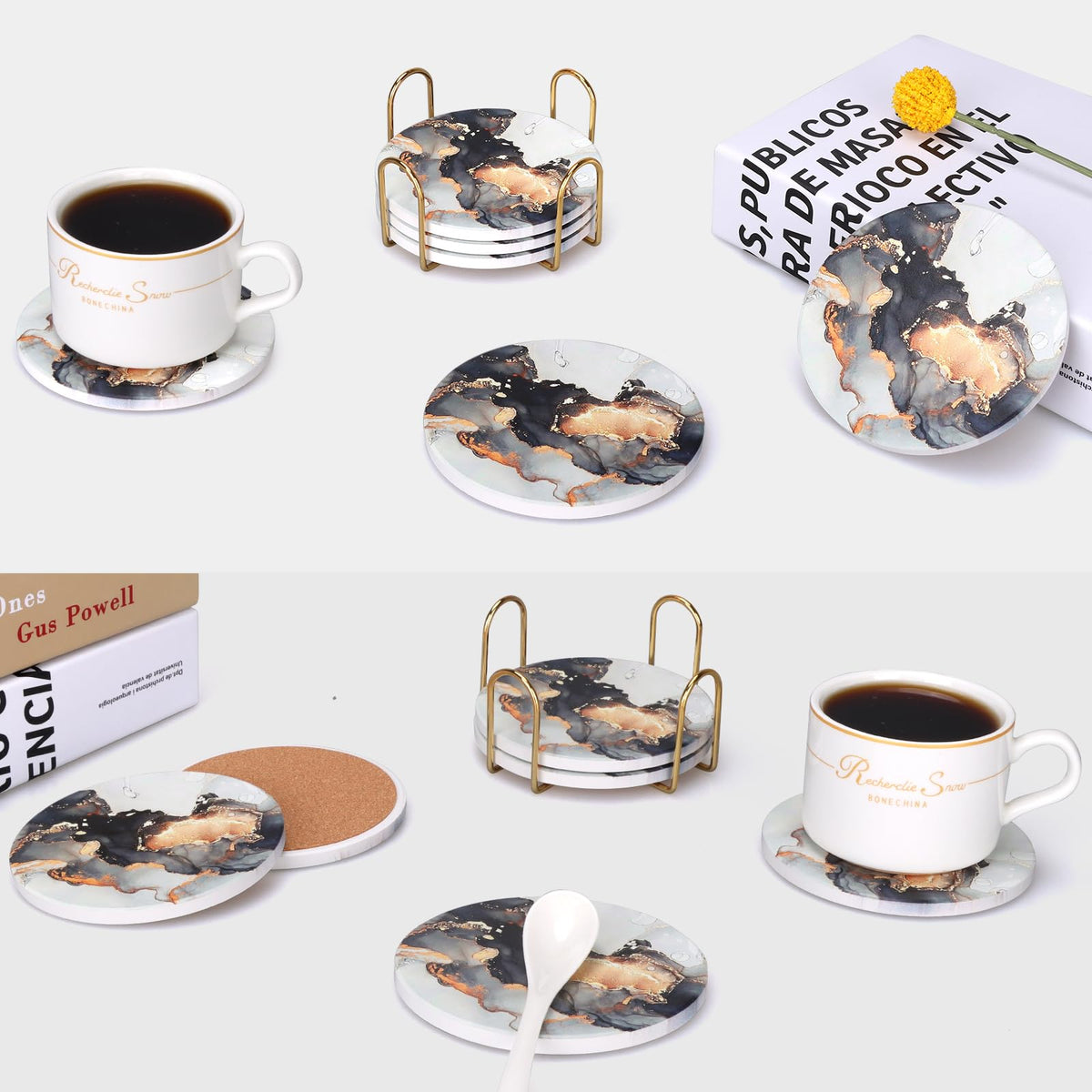 Black Marble Abstract Ceramic Coasters with Holder Q87225