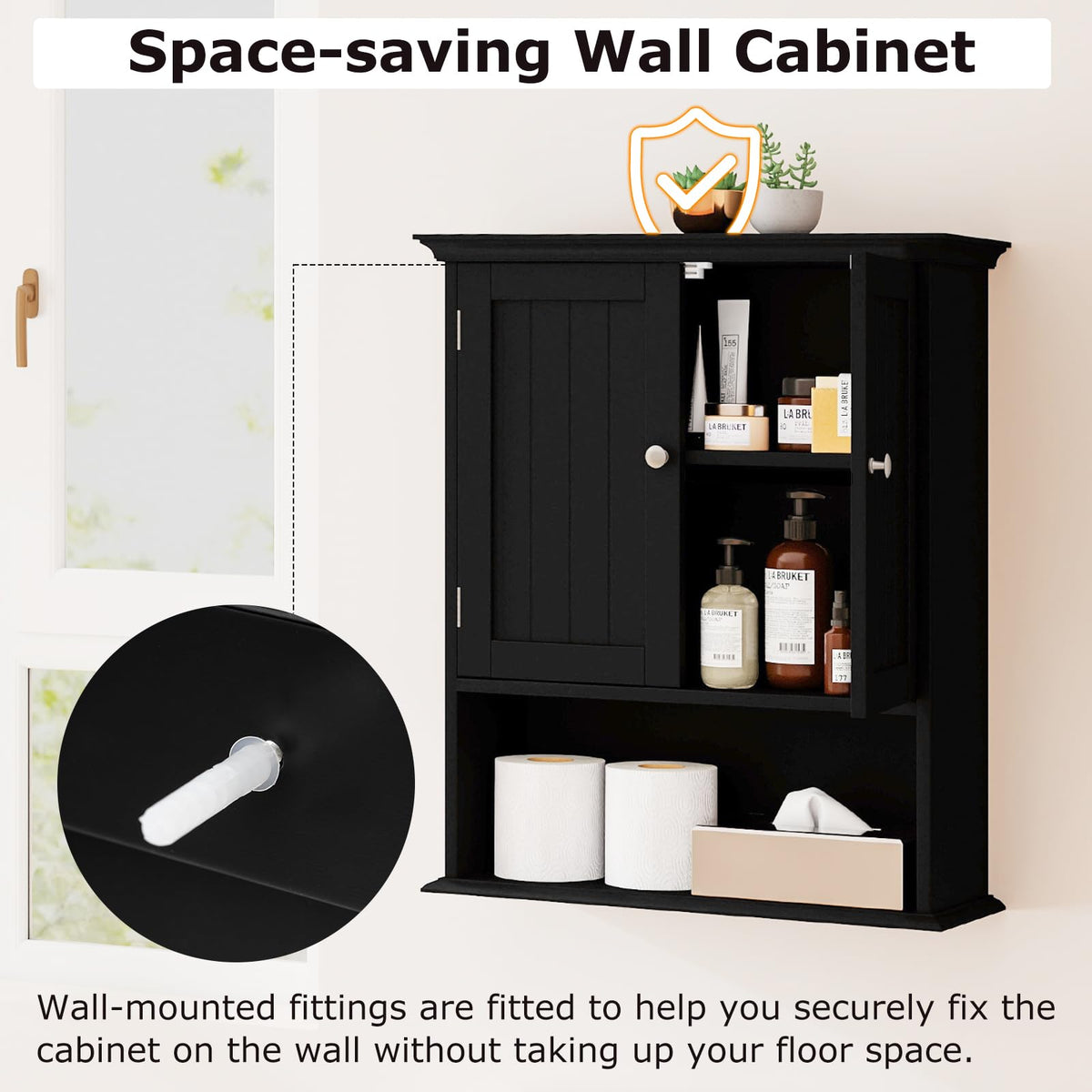 Black Wooden Bathroom Wall Cabinet with 2 Doors Z9704