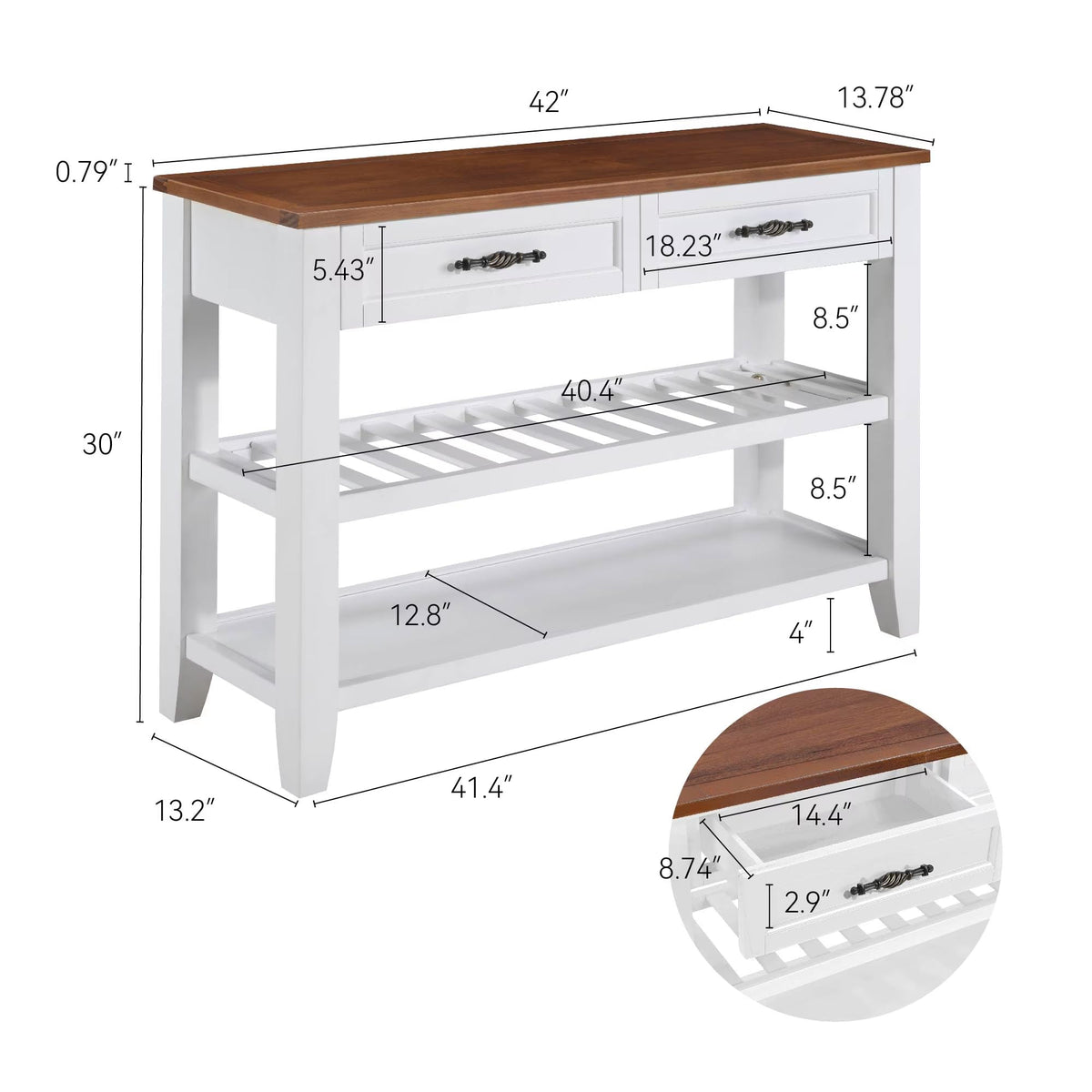 Brown White Pine Wood Console Table with 2 Open Shelves P8749