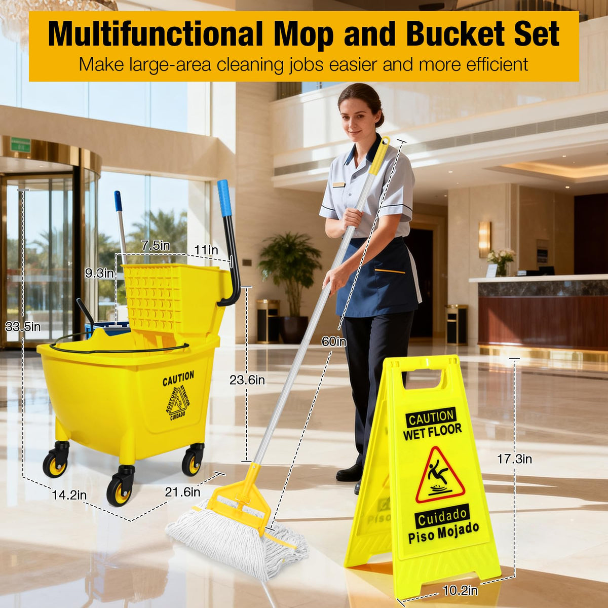 Yellow 35Qt Mop Bucket with Side Press Wringer on Wheels I98553