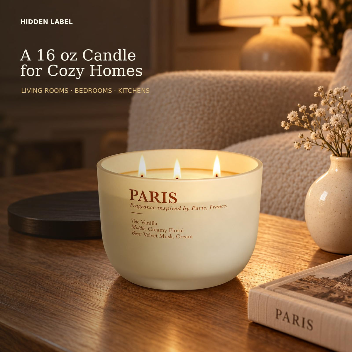 Vanilla Cream Scented Candle, 16 oz, 3-Wick Soy Wax E8358