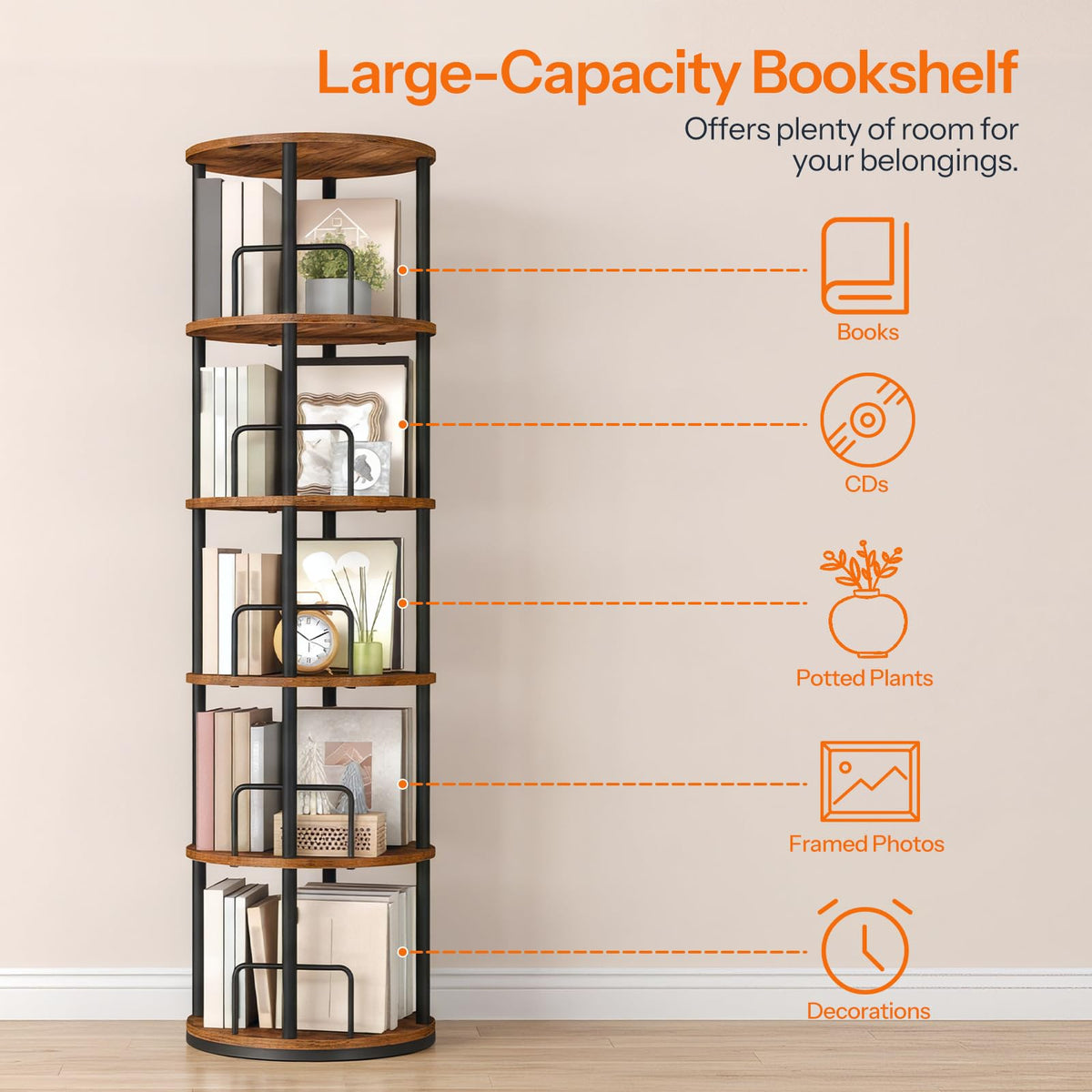 5-Tier Rotating Bookshelf, 360° Spinning Bookcase, Rustic Brown I631236