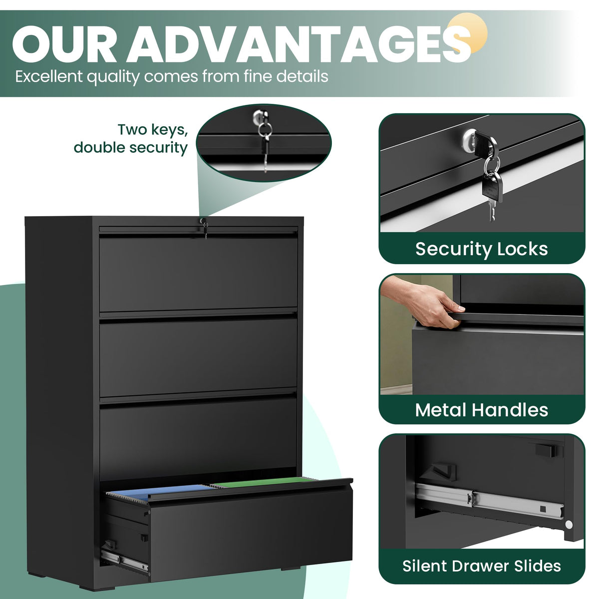 4 Drawer Black Lateral File Cabinet with Lock P3158