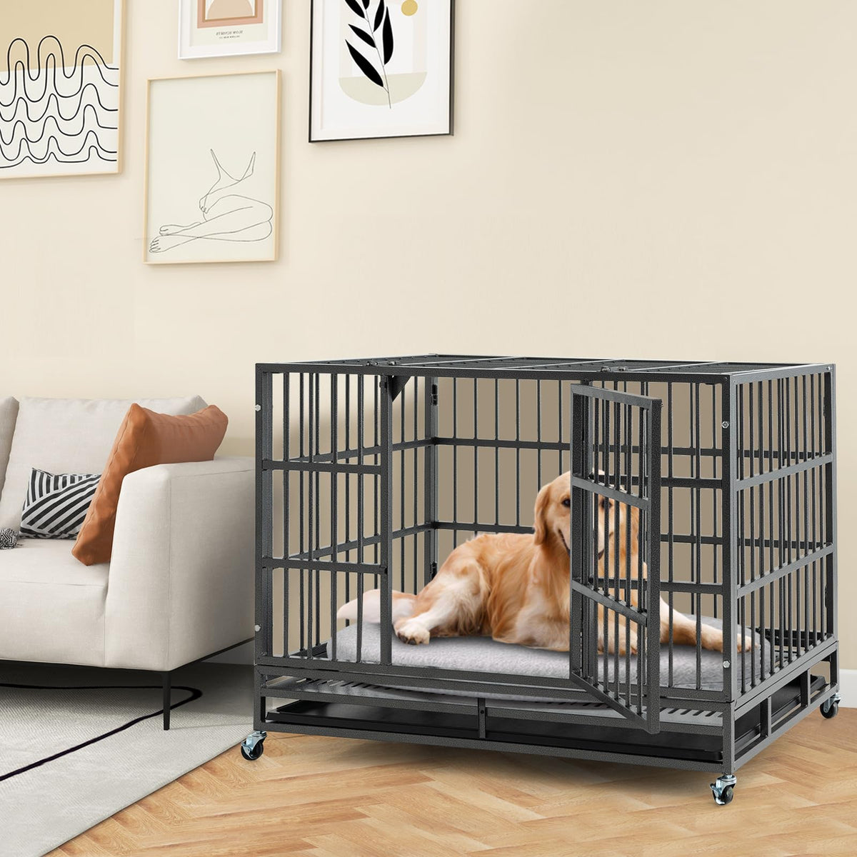48 Inch Heavy-Duty Metal Dog Crate with Lockable Wheels Z7892