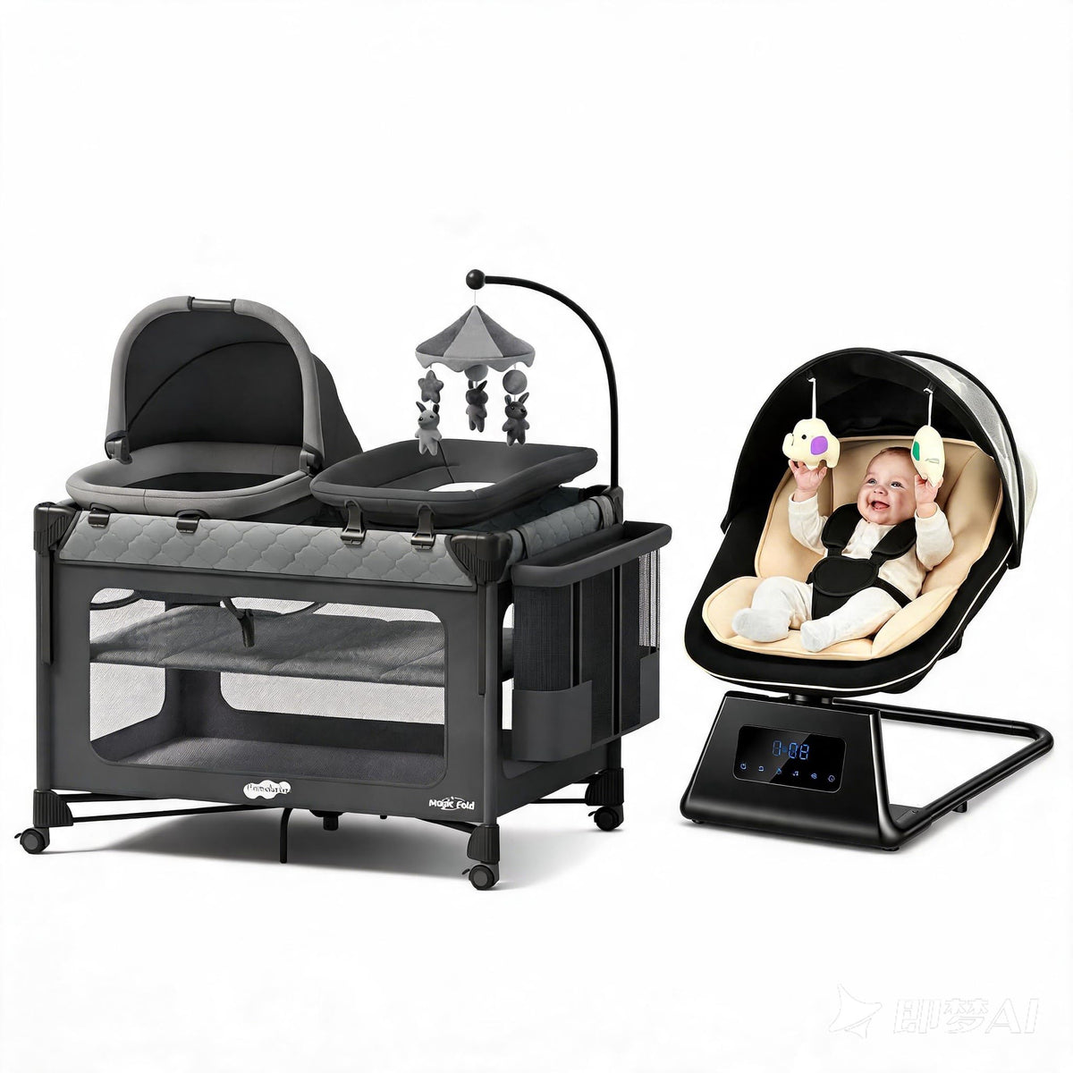 7 in 1 Pack and Play with Bassinet and Changing Station, Portable Electric Baby Swing I44938