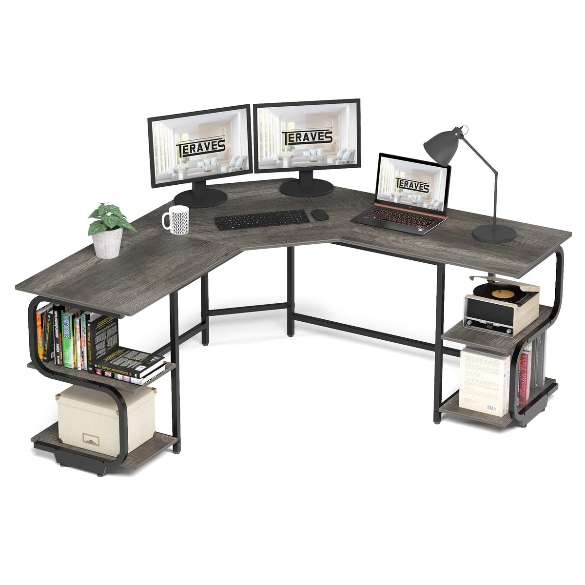 L Shaped Desk with Shelves F865