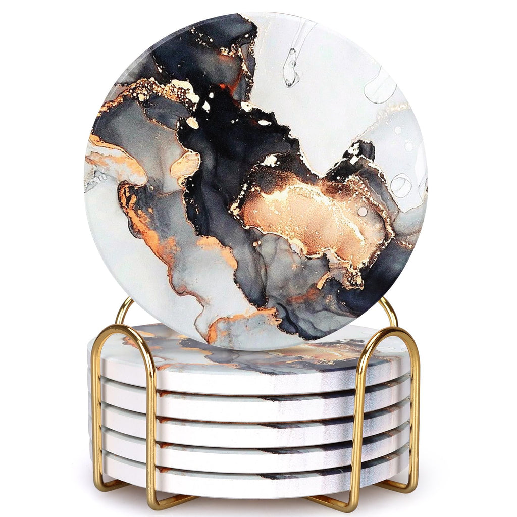 Black Marble Abstract Ceramic Coasters with Holder Q87225