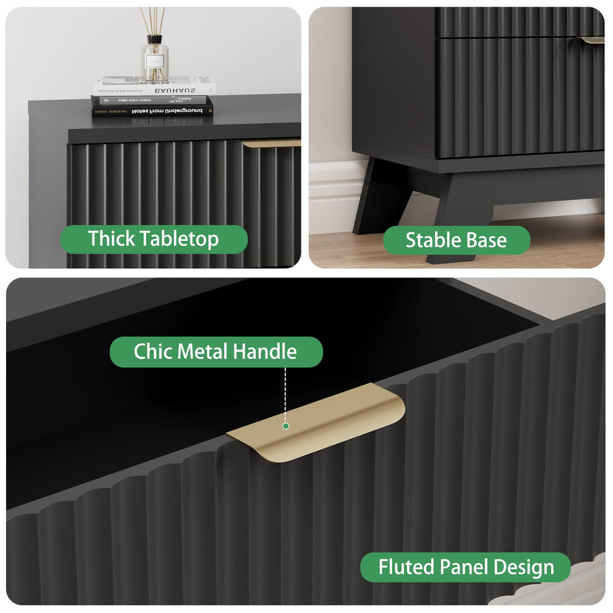 Black 3 Drawer Fluted Nightstand F8016