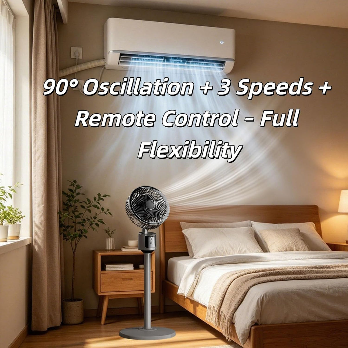 Standing Fan with 90° Oscillation, 3 Speeds, Adjustable Height Q90841