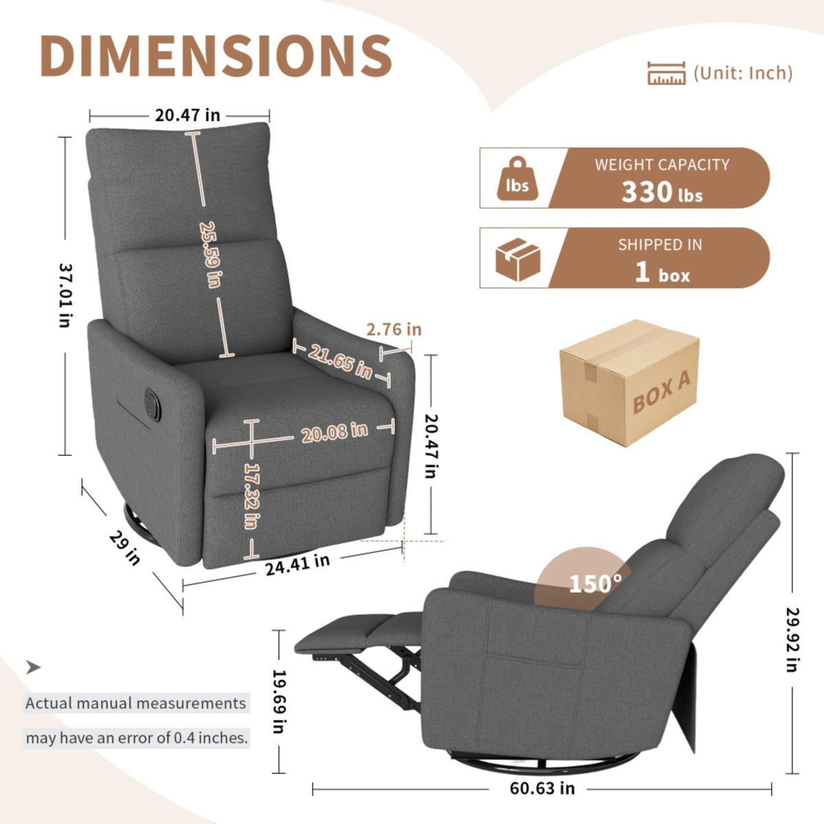 Swivel Rocker Recliner Chair with Pull Lever and Side Pocket C471649