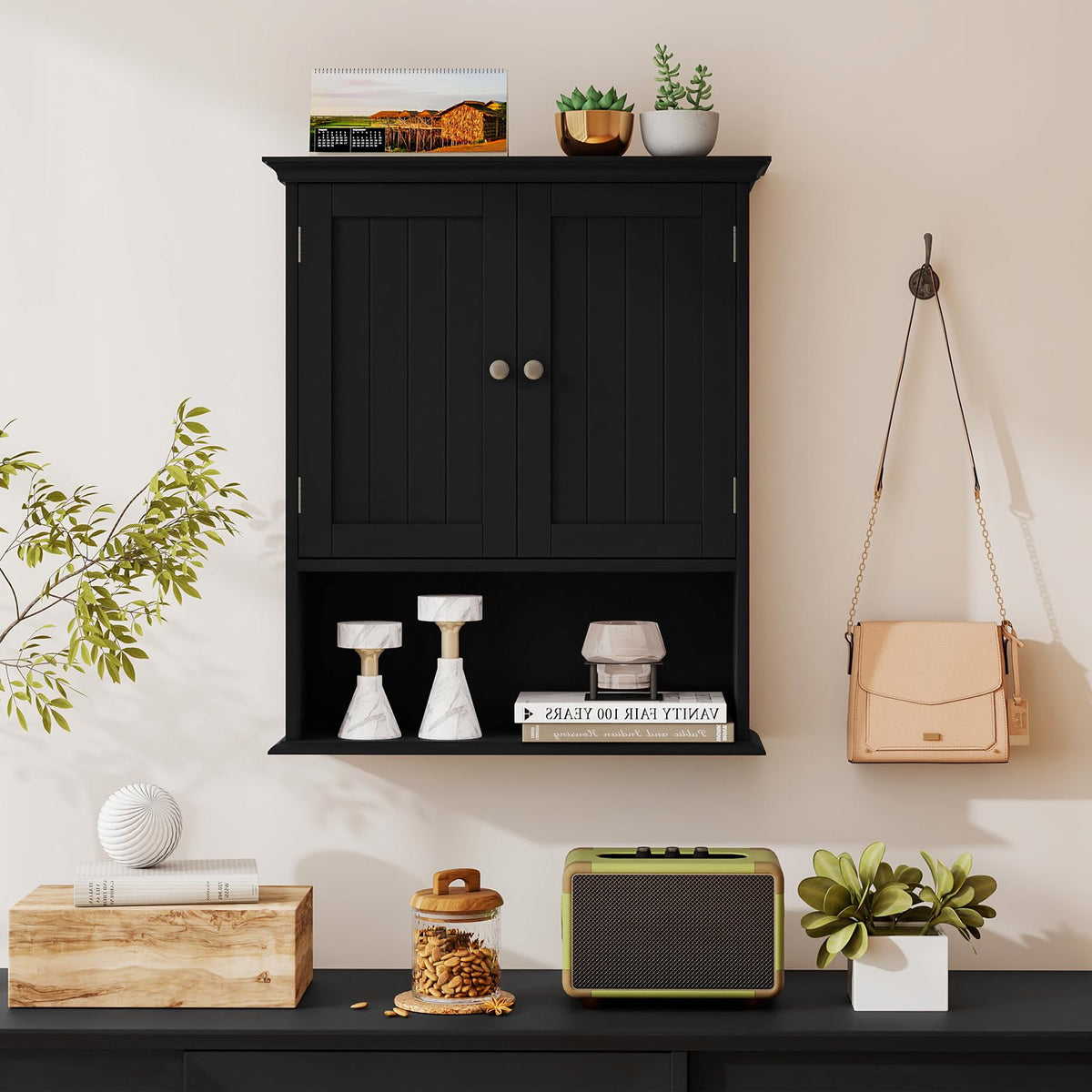Black Wooden Bathroom Wall Cabinet with 2 Doors Z9704
