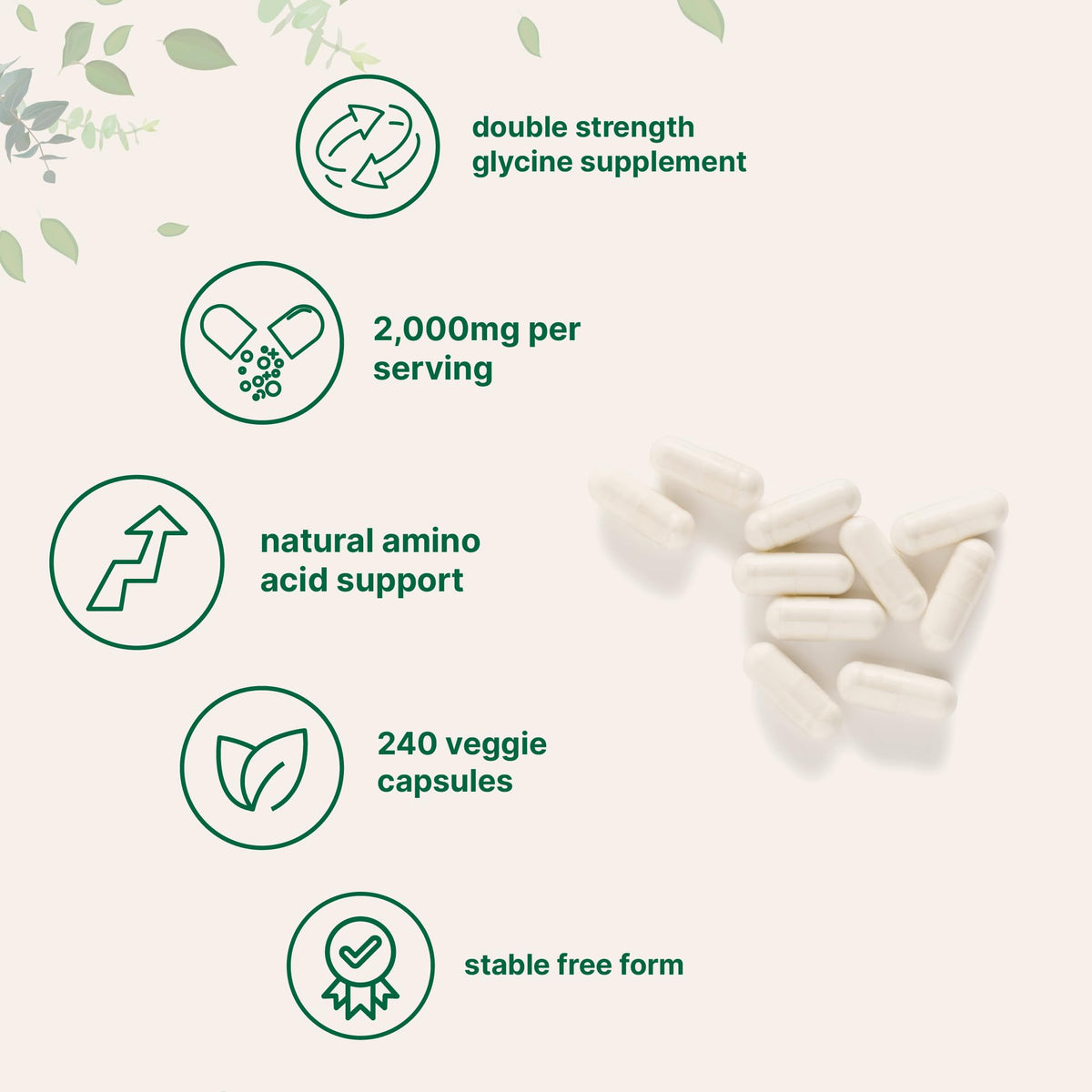 Glycine 2,000mg 240 Veggie Capsules Double Strength Amino Acids P7449