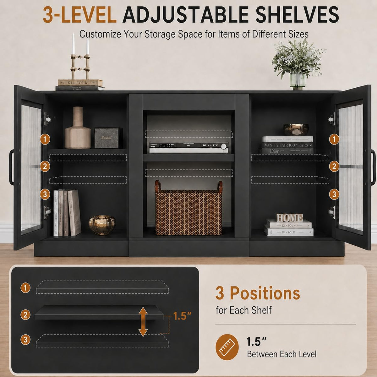 Black 58" TV Stand with Storage Cabinets and Adjustable Shelves H2267