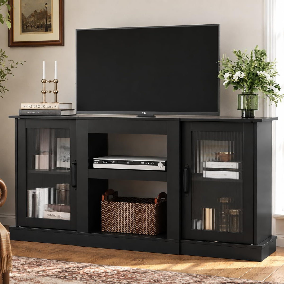 Black 58" TV Stand with Storage Cabinets and Adjustable Shelves H2267