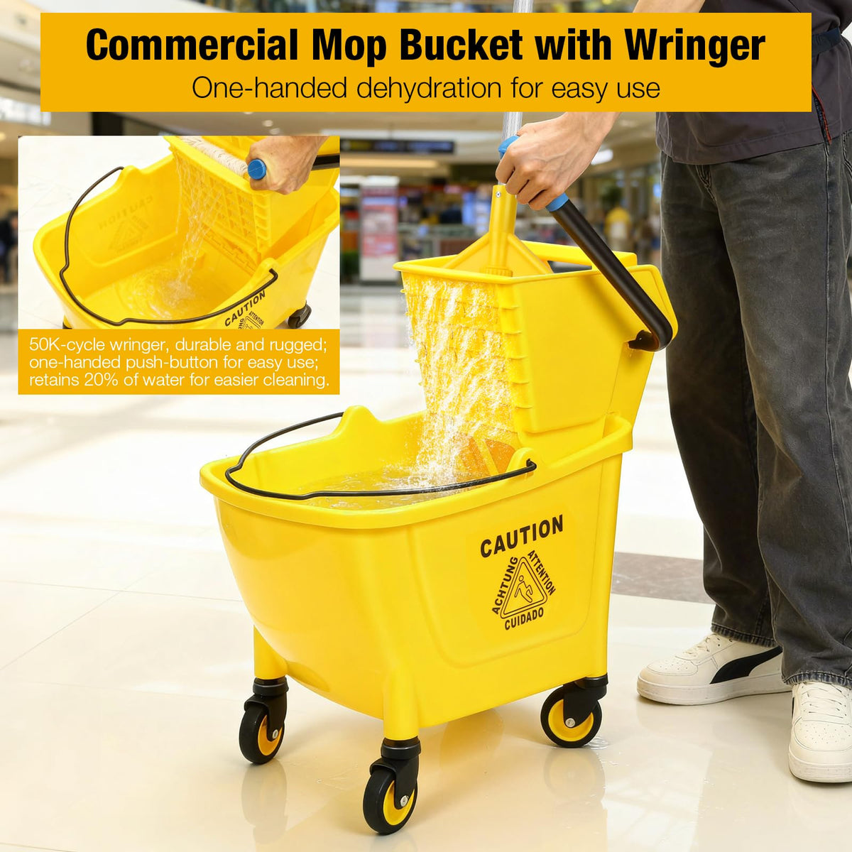 Yellow 35Qt Mop Bucket with Side Press Wringer on Wheels I98553
