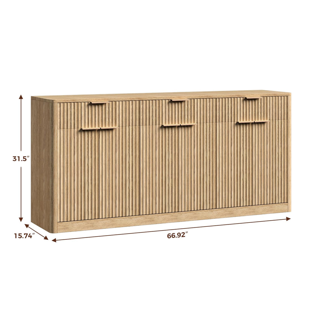 67" Fluted Oak Sideboard Buffet Cabinet with 3 Drawers B515