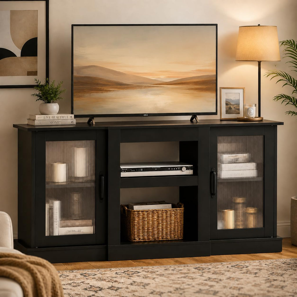Black 58" TV Stand with Storage Cabinets and Adjustable Shelves H2267