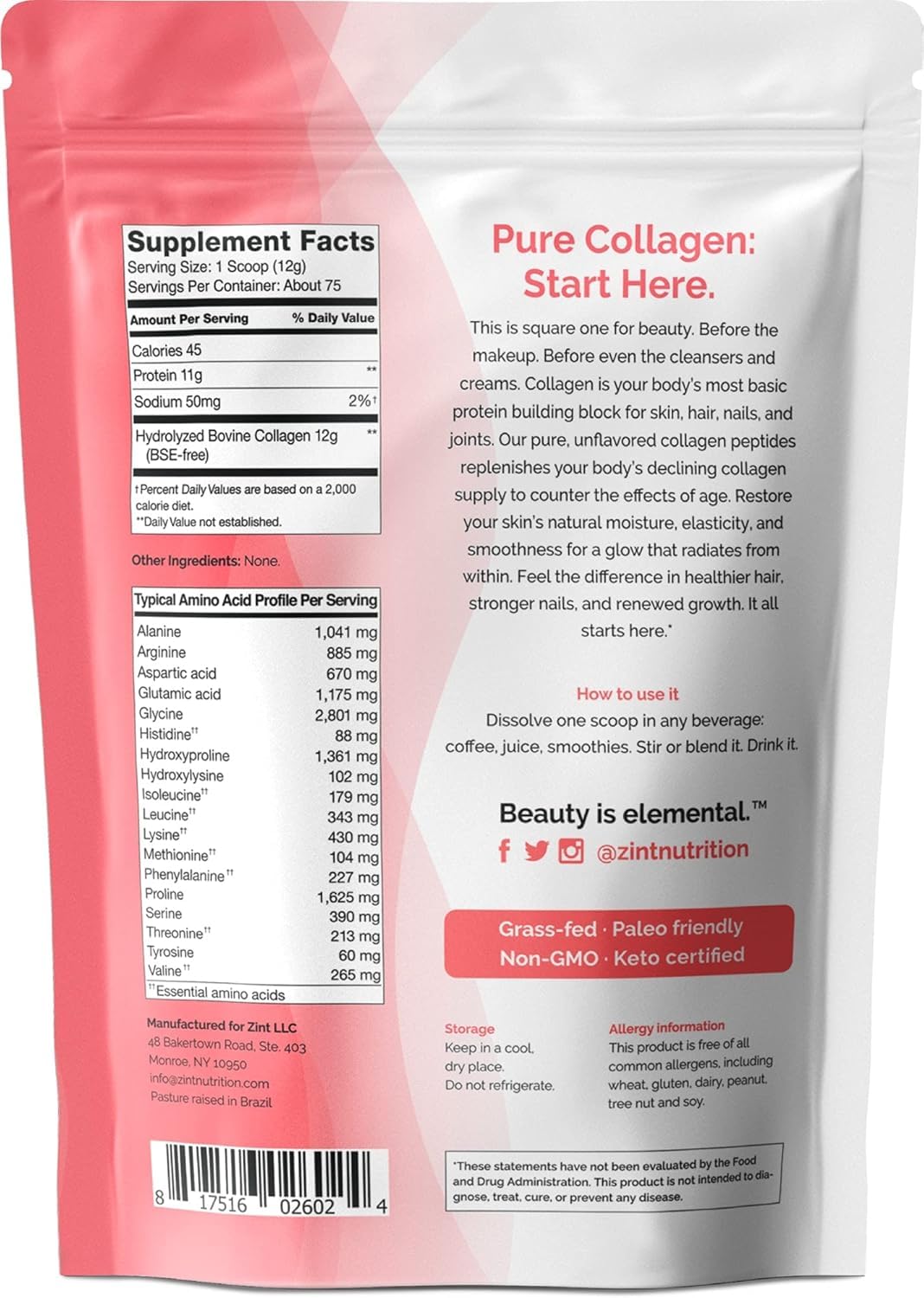 Grass-Fed Hydrolyzed Collagen Peptides Powder 32 oz Unflavored X635