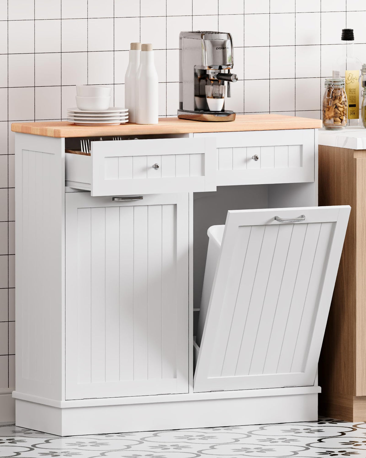 2 x 10 Gallon White Tilt Out Trash Cabinet with 2 Storage Drawer E7013