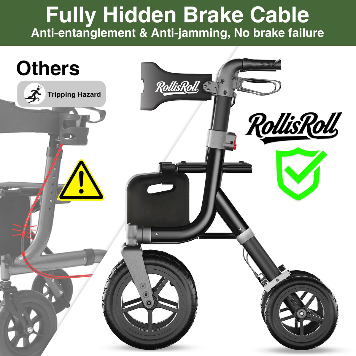 Black Foldable Rollator Walker with Seat, Backrest, 12" Rubber Wheels W789