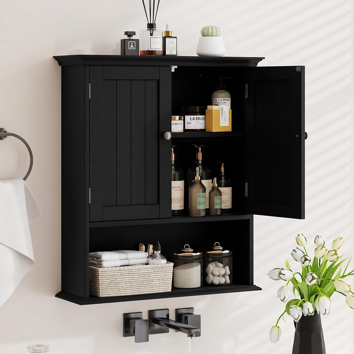 Black Wooden Bathroom Wall Cabinet with 2 Doors Z9704