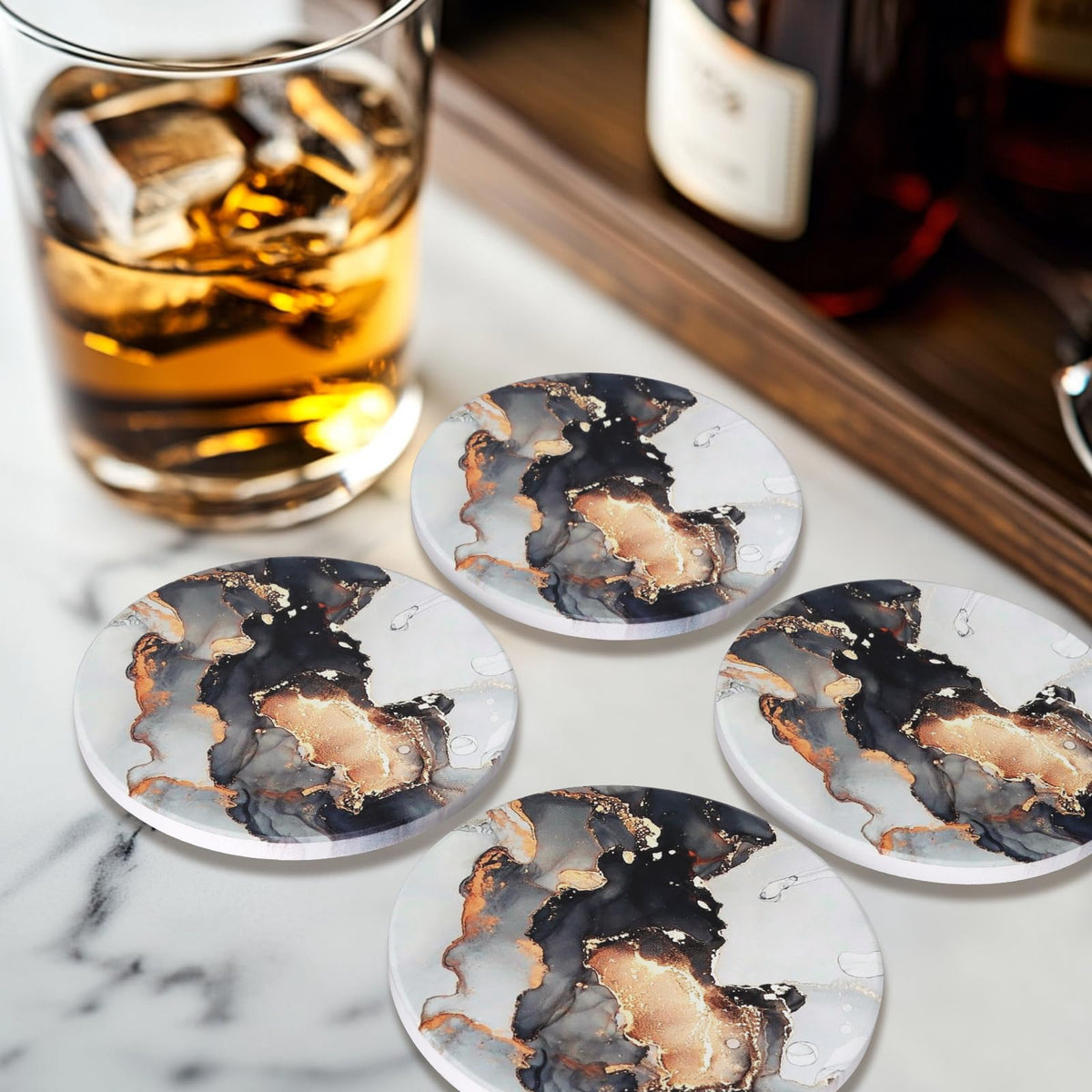 Black Marble Abstract Ceramic Coasters with Holder Q87225