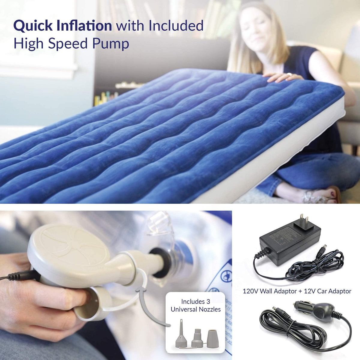 Kids Inflatable Travel Bed with High Speed Pump, Blue D2619
