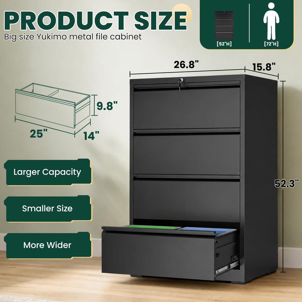 4 Drawer Black Lateral File Cabinet with Lock P3158