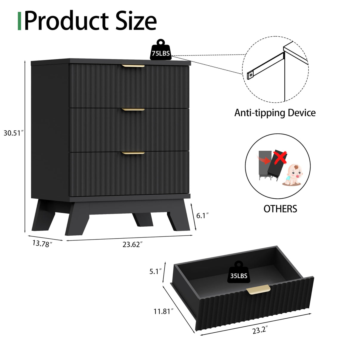 Black 3 Drawer Fluted Nightstand F8016