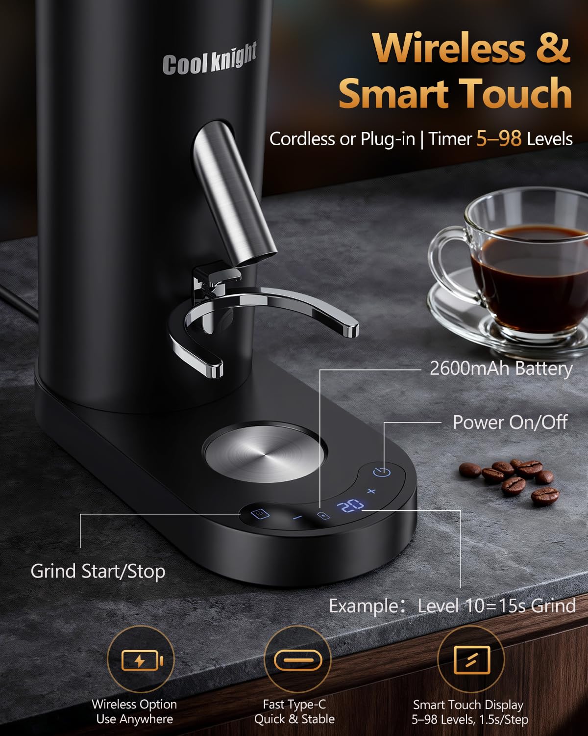 Rechargeable Conical Burr Coffee Grinder with 60 Grind Settings N12759