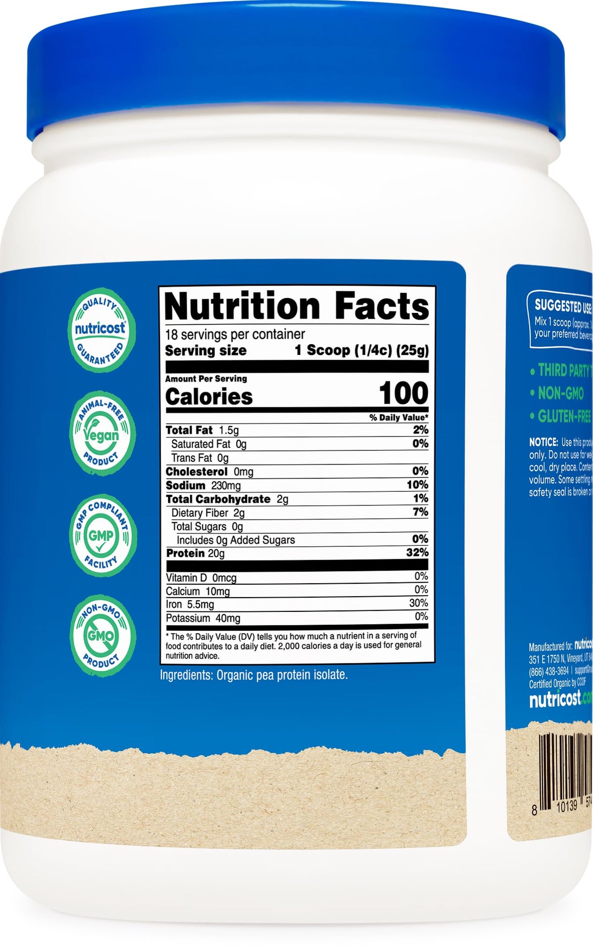 Organic Pea Protein Powder 1 LB Unflavored U5028