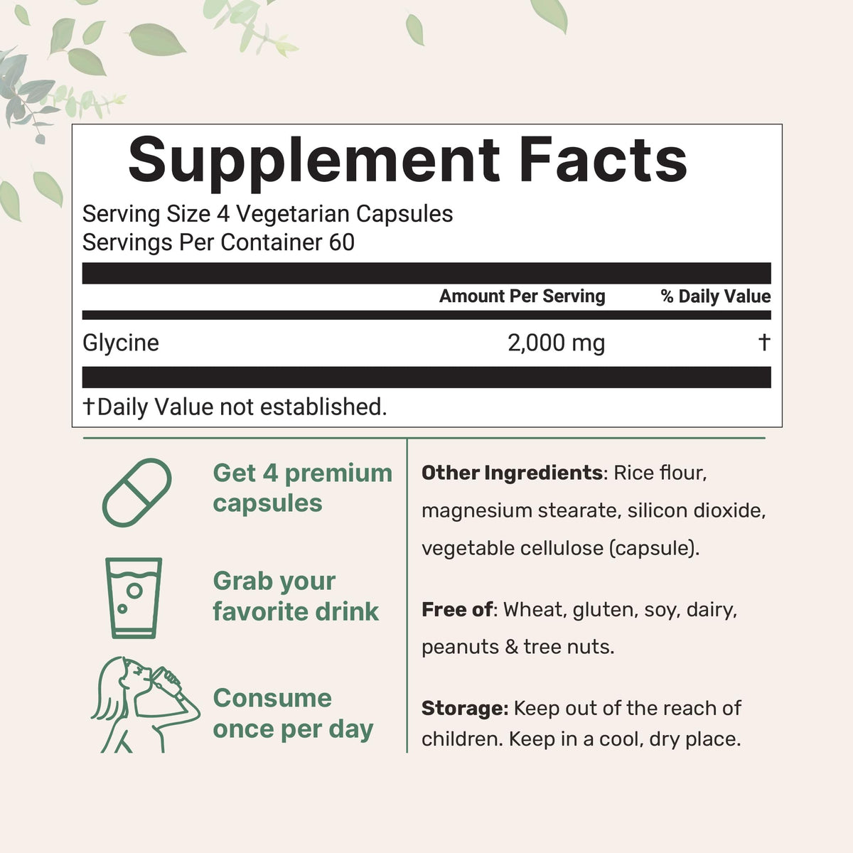 Glycine 2,000mg 240 Veggie Capsules Double Strength Amino Acids P7449
