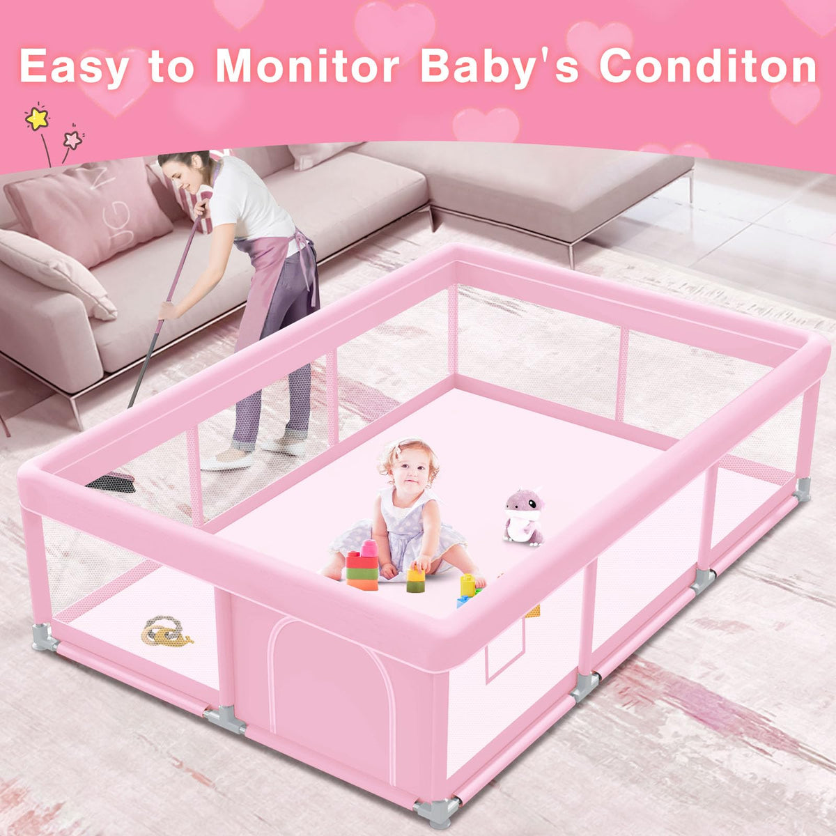 Pink Baby Playpen 74x50 Inches with Mesh V71178
