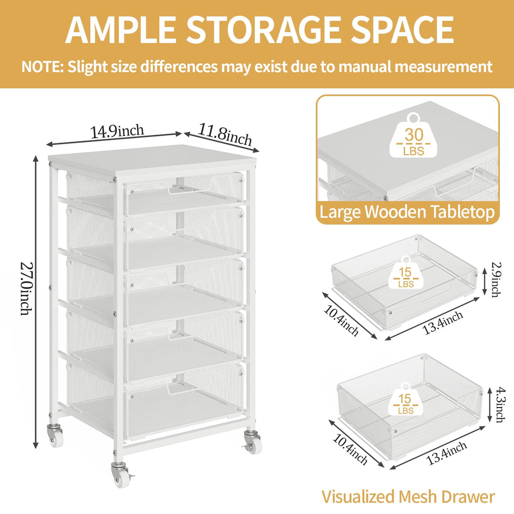 White 5 Drawer Rolling Utility Cart with Wooden Tabletop V688