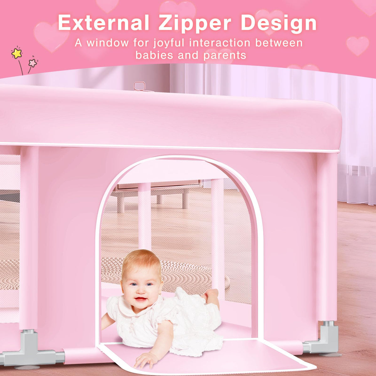 Pink Baby Playpen 74x50 Inches with Mesh V71178
