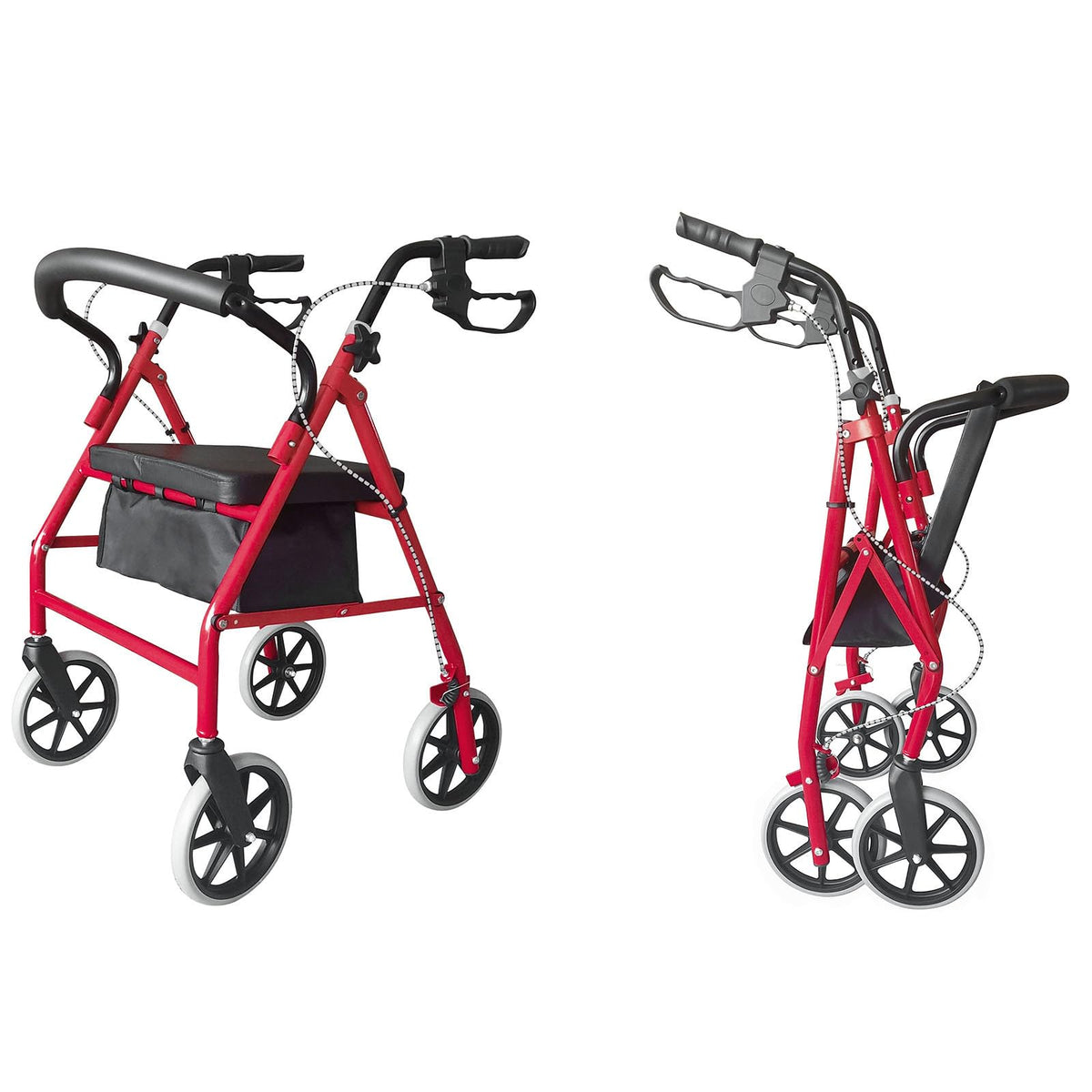 Heavy Duty Upright Rollator Walker with Padded Seat, Backrest, Height Adjustable Black & Red U1896