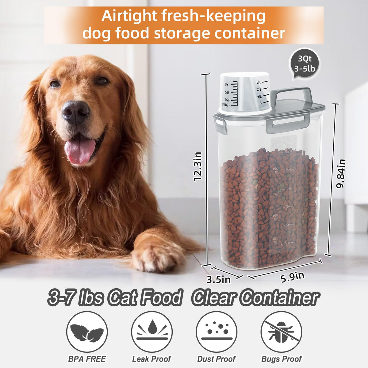 3-5Lbs/3Qt Plastic Pet Food Storage Container with Foldable Bowl H70578