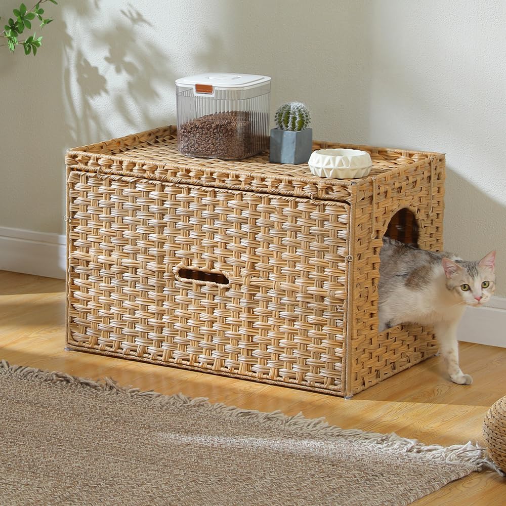 Beige Rattan Cat Litter Box Enclosure P33619